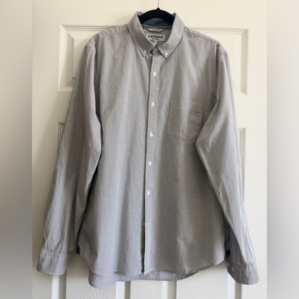 Express Men's Striped light blue and White Button Down Shirt